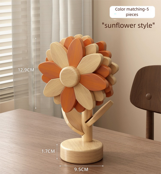 5-Piece Floral-Shaped Trivet Set with Stand – Wooden Heat Resistant Pad for Table, Dish, Pot or Cup(Warm orange and beech wood two-tone)