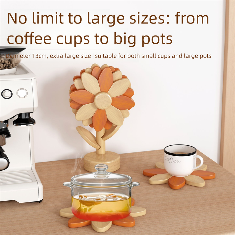 5-Piece Floral-Shaped Trivet Set with Stand – Wooden Heat Resistant Pad for Table, Dish, Pot or Cup(Solid beech)