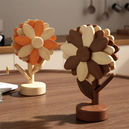 5-Piece Floral-Shaped Trivet Set with Stand – Wooden Heat Resistant Pad for Table, Dish, Pot or Cup(Solid beech)