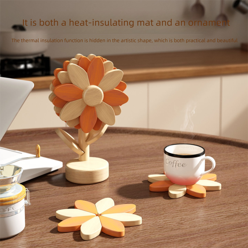 5-Piece Floral-Shaped Trivet Set with Stand – Wooden Heat Resistant Pad for Table, Dish, Pot or Cup(Solid beech)