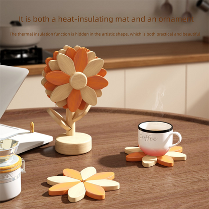 5-Piece Floral-Shaped Trivet Set with Stand – Wooden Heat Resistant Pad for Table, Dish, Pot or Cup(Solid beech)