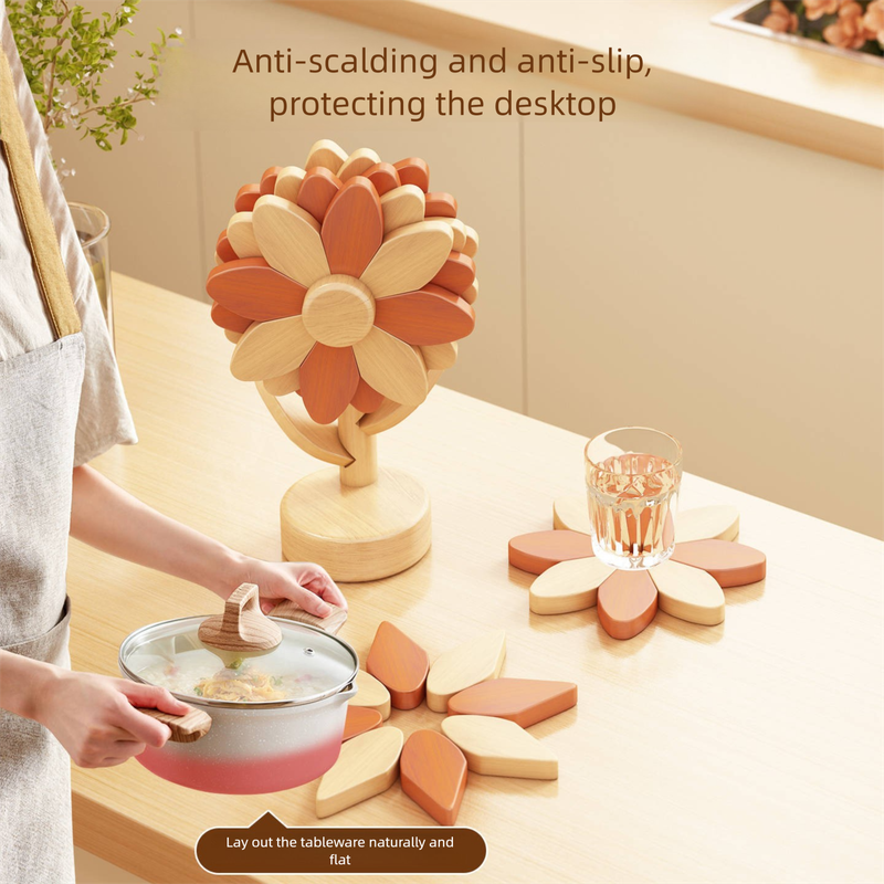 5-Piece Floral-Shaped Trivet Set with Stand – Wooden Heat Resistant Pad for Table, Dish, Pot or Cup(Solid beech)