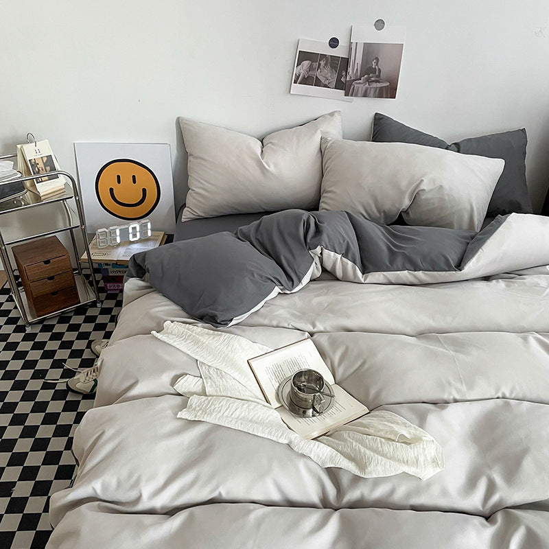 Haze gray Washed Cotton Bedding Set - Solid Color Fitted Sheet Style, 4-Piece Set for 1.8m Bed, Includes 10 Random Color Quilt Fasteners