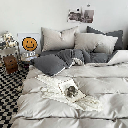 Haze gray Washed Cotton Bedding Set - Solid Color Fitted Sheet Style, 4-Piece Set for 1.8m Bed, Includes 10 Random Color Quilt Fasteners