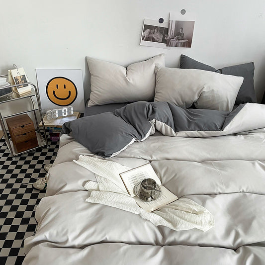 Haze gray Washed Cotton Bedding Set - Solid Color Fitted Sheet Style, 4-Piece Set for 1.8m Bed, Includes 10 Random Color Quilt Fasteners
