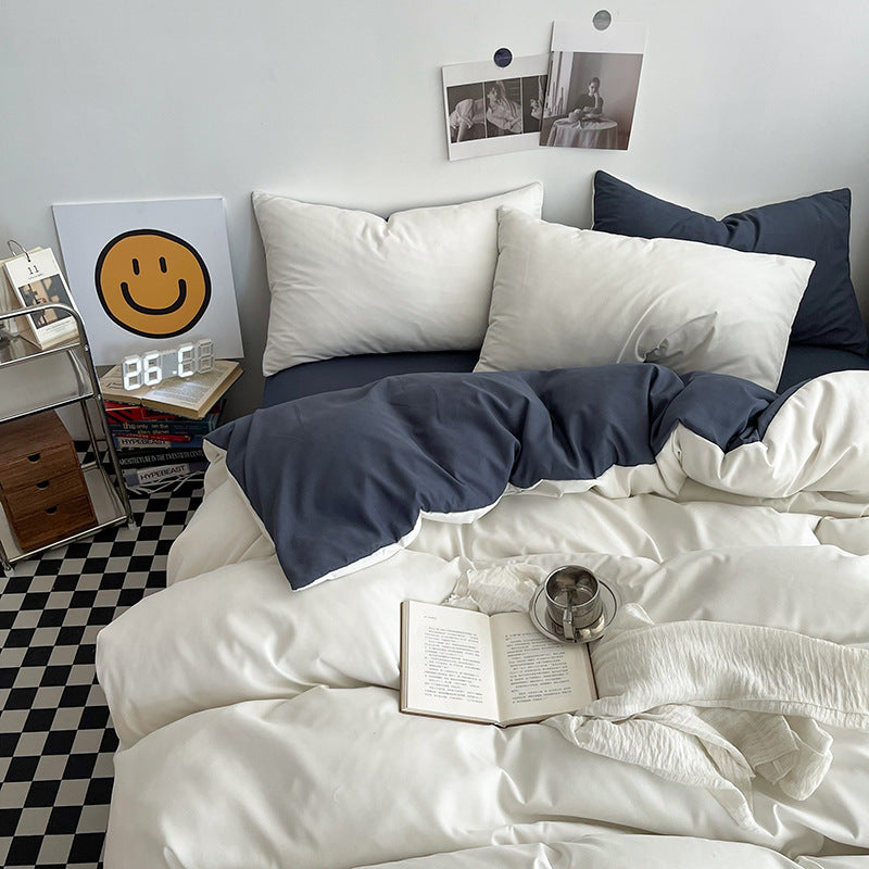 White and Dark Grey Washed Cotton Bedding Set - Solid Color Fitted Sheet Style, 4-Piece Set for 1.8m Bed, Includes 10 Random Color Quilt Fasteners