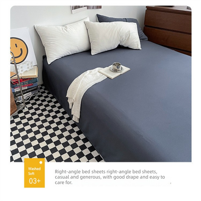 Matcha khaki Washed Cotton Bedding Set - Solid Color Fitted Sheet Style, 4-Piece Set for 1.8m Bed, Includes 10 Random Color Quilt Fasteners