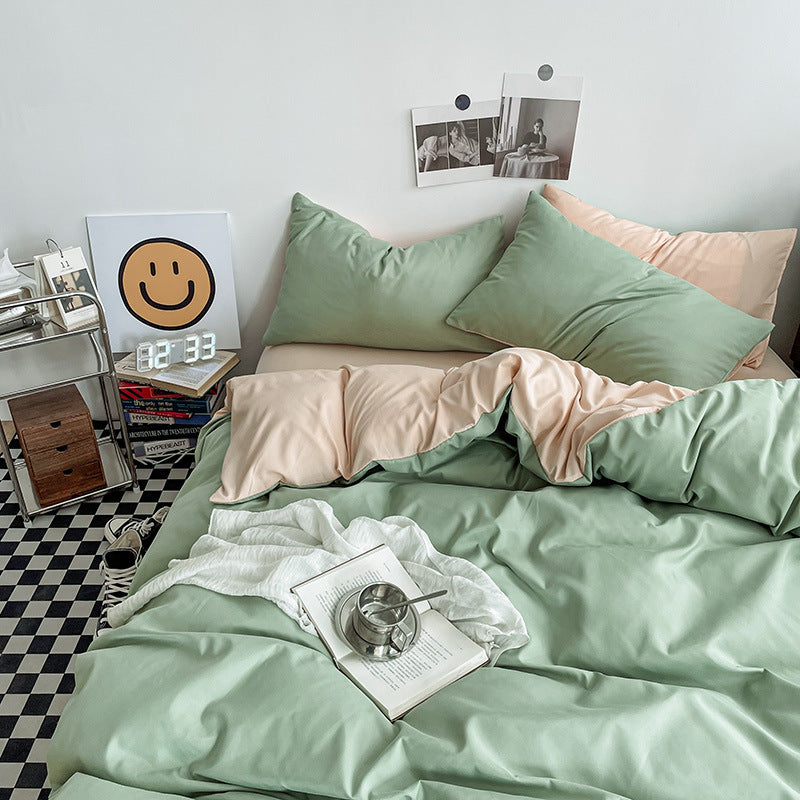 Light green and light camel color Washed Cotton Bedding Set - Solid Color Fitted Sheet Style, 4-Piece Set for 1.8m Bed, Includes 10 Random Color Quilt Fasteners