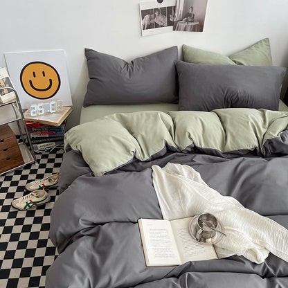 Dark gray matcha Washed Cotton Bedding Set - Solid Color Fitted Sheet Style, 4-Piece Set for 1.8m Bed, Includes 10 Random Color Quilt Fasteners