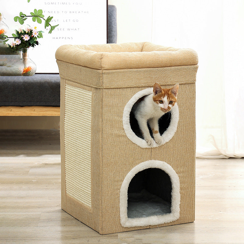 Grey 3-Story Villa Cat House with Scratching Posts - Foldable Double-Decker Cat Condo, Warm & Breathable All-Season Pet Bed, Multi-Functional Play & Sleep Space, Durable Easy-Clean Fabric