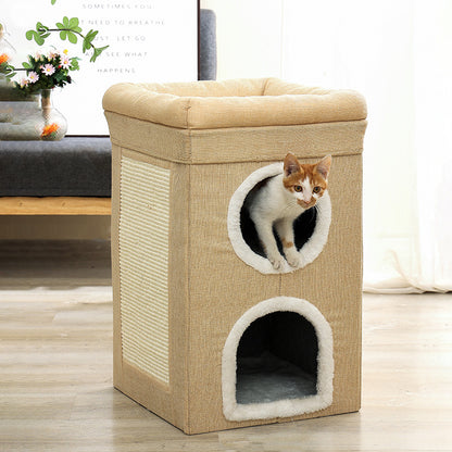 Grey 3-Story Villa Cat House with Scratching Posts - Foldable Double-Decker Cat Condo, Warm & Breathable All-Season Pet Bed, Multi-Functional Play & Sleep Space, Durable Easy-Clean Fabric
