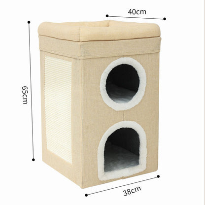 Grey 3-Story Villa Cat House with Scratching Posts - Foldable Double-Decker Cat Condo, Warm & Breathable All-Season Pet Bed, Multi-Functional Play & Sleep Space, Durable Easy-Clean Fabric