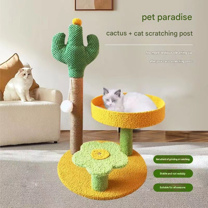 Yellow Cactus Pineapple Cat Tree with Scratching Post & Cozy Perch - Multi-Level Cat Tower with Flower Platform and Hanging Ball for Indoor Cats