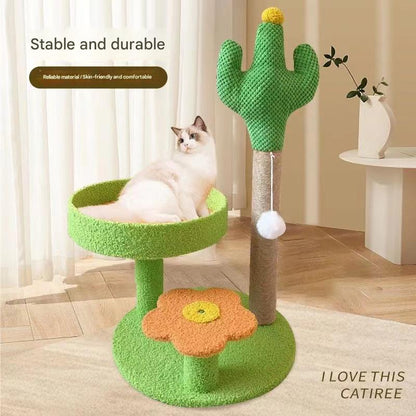 Green Cactus Pineapple Cat Tree with Scratching Post & Cozy Perch - Multi-Level Cat Tower with Flower Platform and Hanging Ball for Indoor Cats