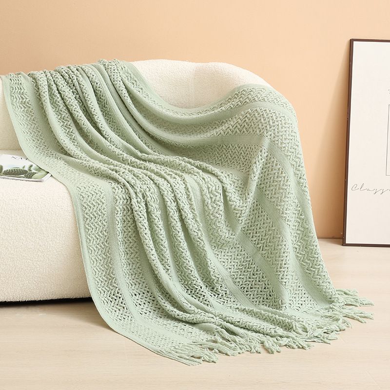Mint green Elegant Openwork Knitted Throw Blanket with Tassels - 127x180cm Large Decorative Soft Sofa Blanket for Living Room & Bedroom - Breathable Cozy Cover for Travel & Office Nap