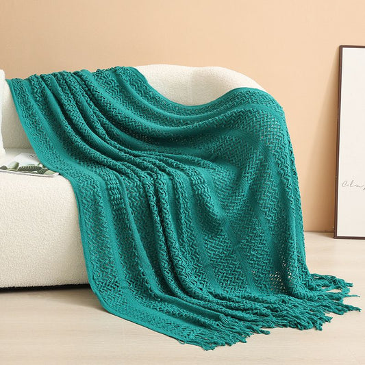 Dark green Elegant Openwork Knitted Throw Blanket with Tassels - 127x180cm Large Decorative Soft Sofa Blanket for Living Room & Bedroom - Breathable Cozy Cover for Travel & Office Nap