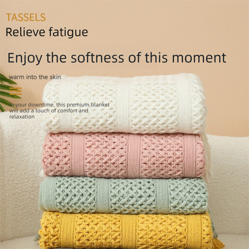 Mint green Elegant Openwork Knitted Throw Blanket with Tassels - 130x230cm Large Decorative Soft Sofa Blanket for Living Room & Bedroom - Breathable Cozy Cover for Travel & Office Nap