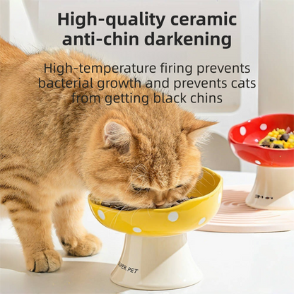 Yellow Elevated 15° Tilted Ceramic Cat Bowl - Anti-Chin Acne Glaze Finish, Non-Slip Weighted Base & Neck Protection Pet Feeder