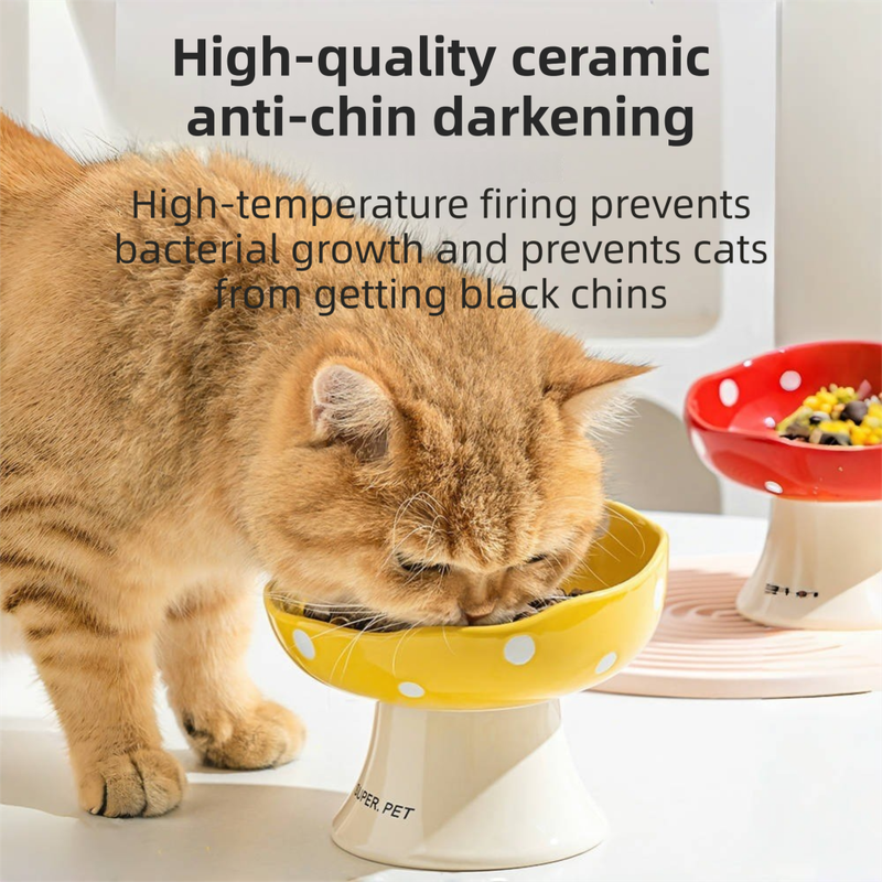 Yellow and Black Elevated 15° Tilted Ceramic Cat Bowl - Anti-Chin Acne Glaze Finish, Non-Slip Weighted Base & Neck Protection Pet Feeder
