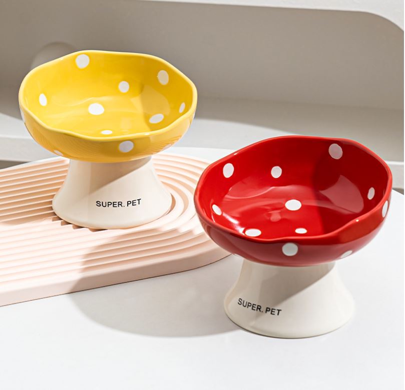 Red and Yellow Elevated 15° Tilted Ceramic Cat Bowl - Anti-Chin Acne Glaze Finish, Non-Slip Weighted Base & Neck Protection Pet Feeder