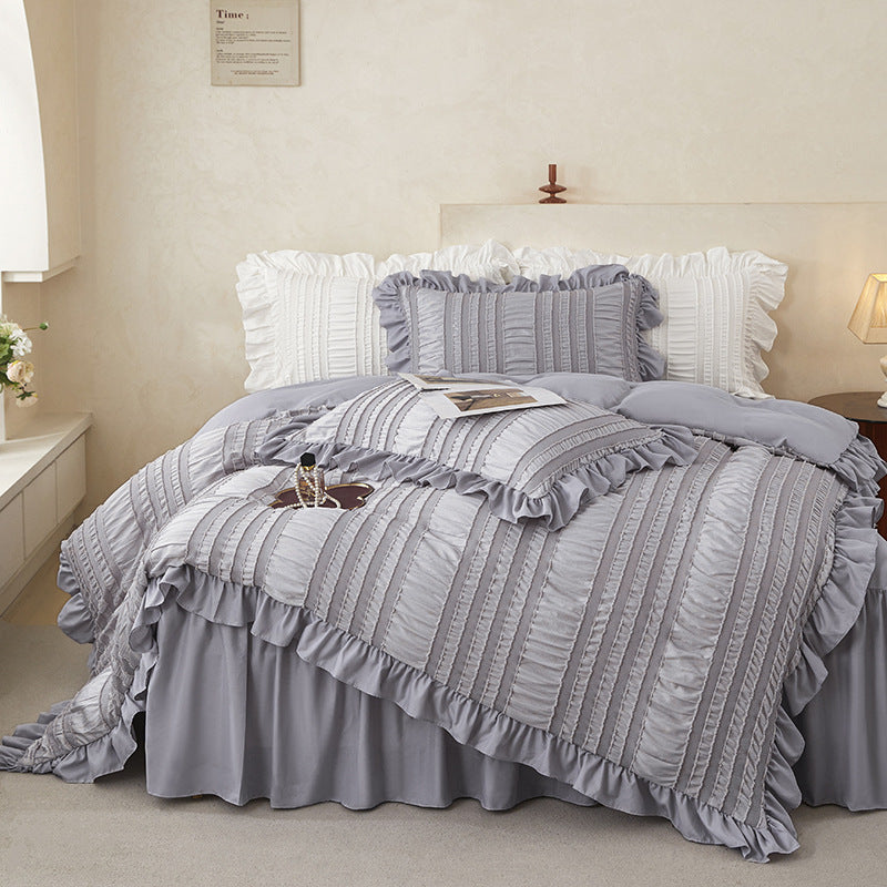 White Elegant Ruffle Seersucker Duvet Cover with 2PCS Pillow Shams - 3-Piece Vertical Stripe Clipped Floral Textured Bedding (Queen Size 229 x 229 CM)