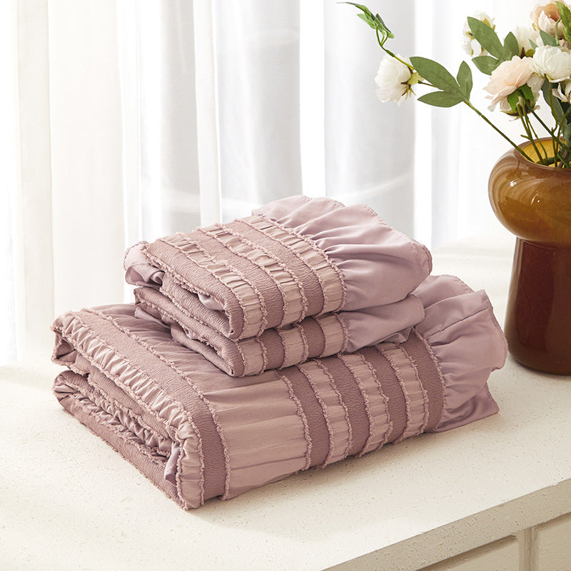 Pink Elegant Ruffle Seersucker Duvet Cover with 2PCS Pillow Shams - 3-Piece Vertical Stripe Clipped Floral Textured Bedding (Twin Size 168 x 229 CM)