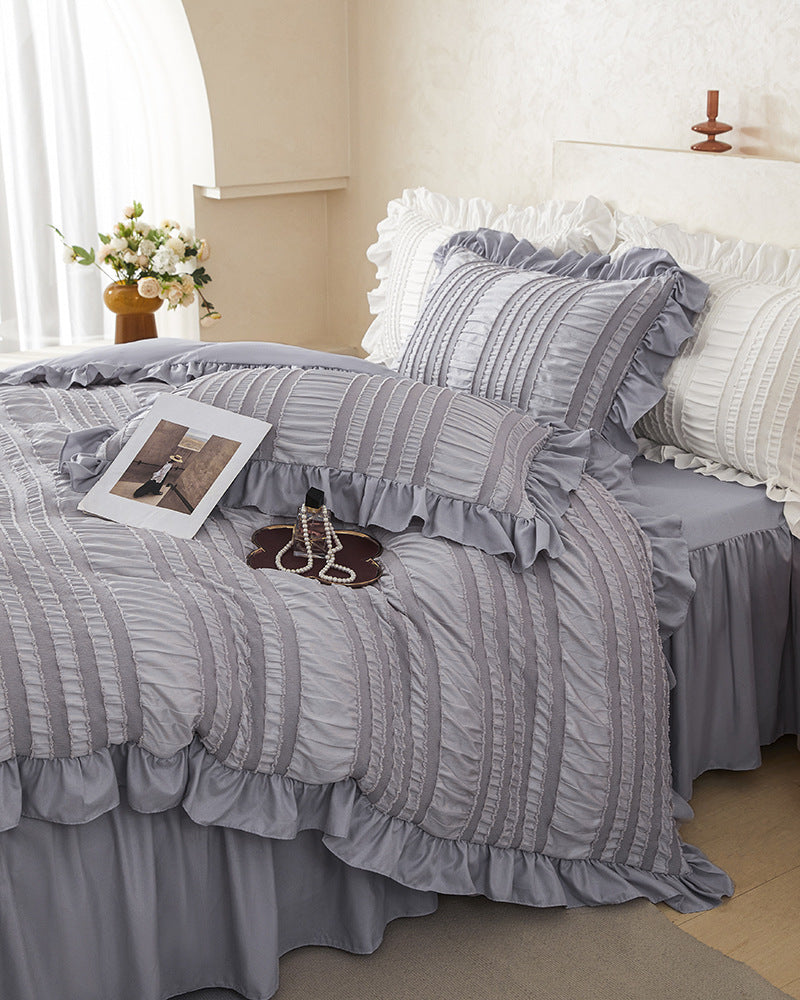 Pink Elegant Ruffle Seersucker Duvet Cover with 2PCS Pillow Shams - 3-Piece Vertical Stripe Clipped Floral Textured Bedding (Twin Size 168 x 229 CM)