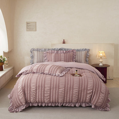 Pink Elegant Ruffle Seersucker Duvet Cover with 2PCS Pillow Shams - 3-Piece Vertical Stripe Clipped Floral Textured Bedding (King Size 264 x 229 CM)