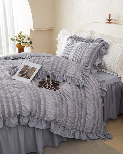 Pink Elegant Ruffle Seersucker Duvet Cover with 2PCS Pillow Shams - 3-Piece Vertical Stripe Clipped Floral Textured Bedding (King Size 264 x 229 CM)