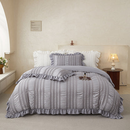Grey Elegant Ruffle Seersucker Duvet Cover with 2PCS Pillow Shams - 3-Piece Vertical Stripe Clipped Floral Textured Bedding (Twin Size 168 x 229 CM)