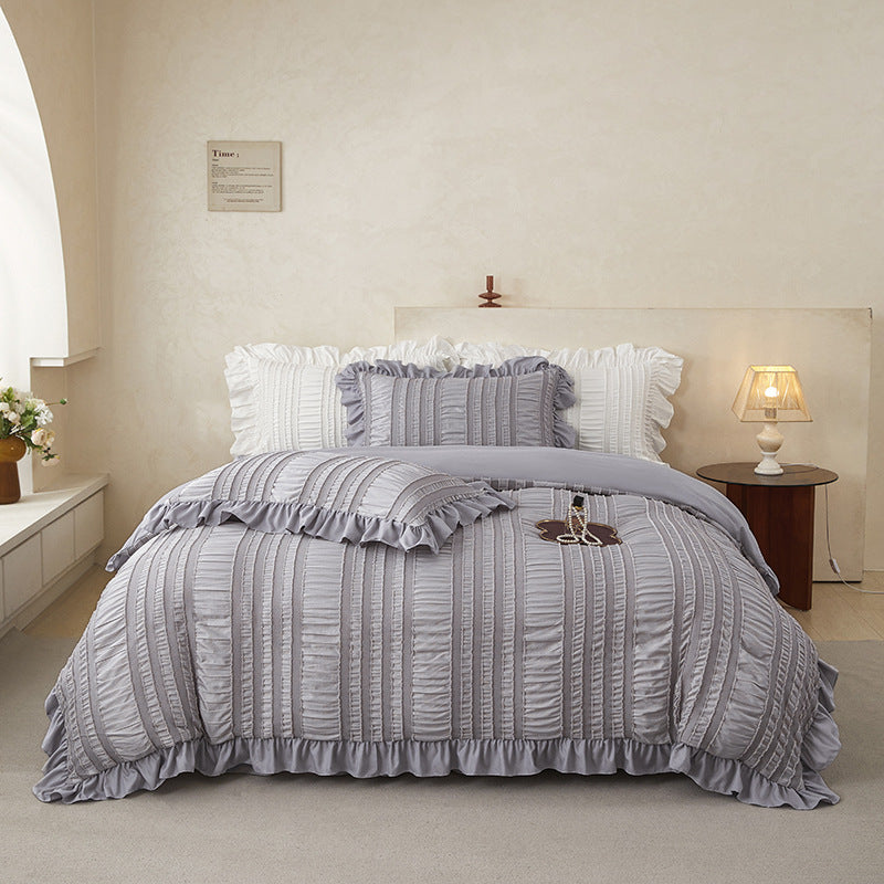 Grey Elegant Ruffle Seersucker Duvet Cover with 2PCS Pillow Shams - 3-Piece Vertical Stripe Clipped Floral Textured Bedding (Full Size 200 x 229 CM)