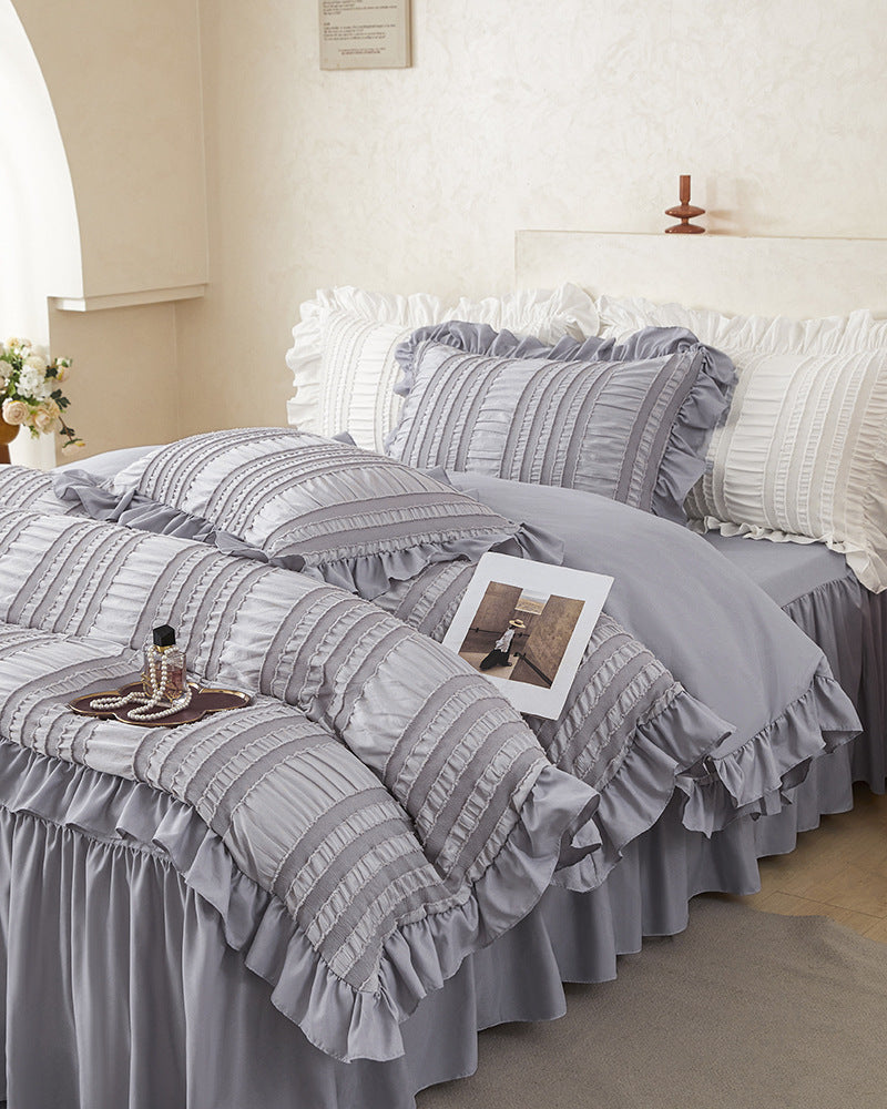 Grey Elegant Ruffle Seersucker Duvet Cover with 2PCS Pillow Shams - 3-Piece Vertical Stripe Clipped Floral Textured Bedding (Queen Size 229 x 229 CM)