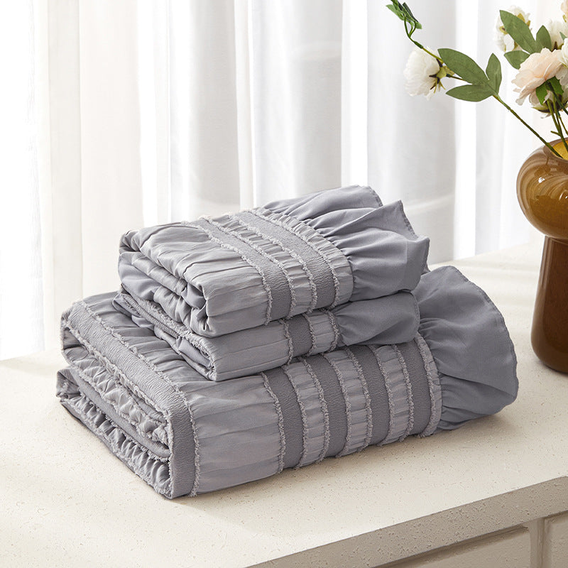 Grey Elegant Ruffle Seersucker Duvet Cover with 2PCS Pillow Shams - 3-Piece Vertical Stripe Clipped Floral Textured Bedding (Queen Size 229 x 229 CM)