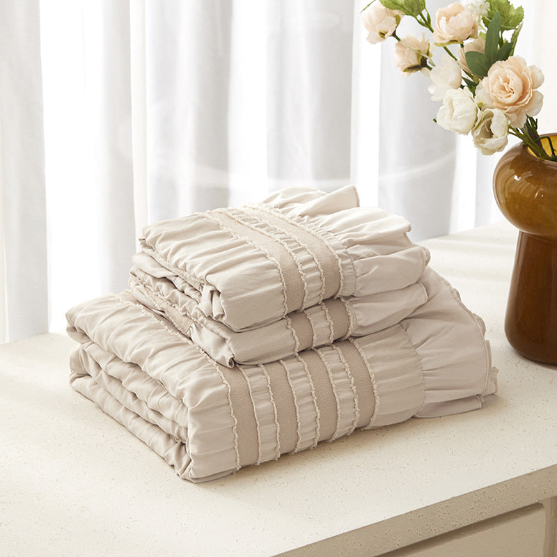 Beige Elegant Ruffle Seersucker Duvet Cover with 2PCS Pillow Shams - 3-Piece Vertical Stripe Clipped Floral Textured Bedding (Full Size 200 x 229 CM)