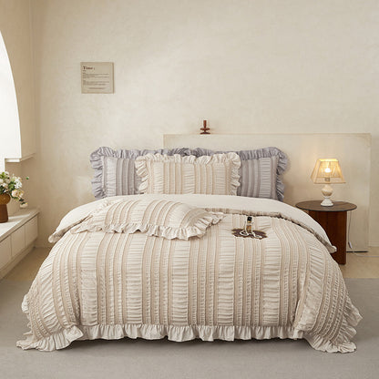 Beige Elegant Ruffle Seersucker Duvet Cover with 2PCS Pillow Shams - 3-Piece Vertical Stripe Clipped Floral Textured Bedding (Queen Size 229 x 229 CM)