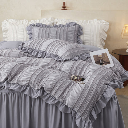 Beige Elegant Ruffle Seersucker Duvet Cover with 2PCS Pillow Shams - 3-Piece Vertical Stripe Clipped Floral Textured Bedding (King Size 264 x 229 CM)