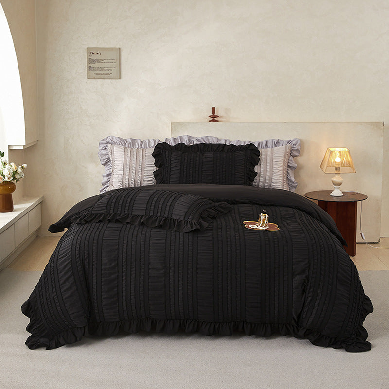 Black Elegant Ruffle Seersucker Duvet Cover with 2PCS Pillow Shams - 3-Piece Vertical Stripe Clipped Floral Textured Bedding (Twin Size 168 x 229 CM)