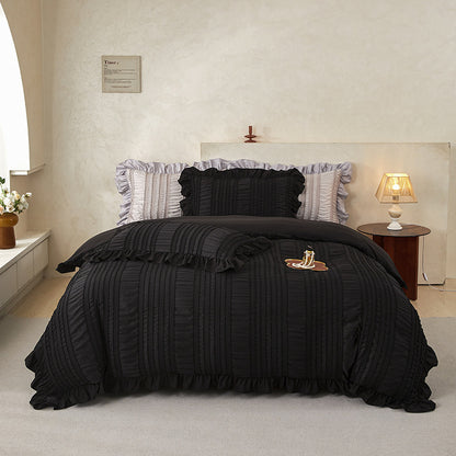 Black Elegant Ruffle Seersucker Duvet Cover with 2PCS Pillow Shams - 3-Piece Vertical Stripe Clipped Floral Textured Bedding (Full Size 200 x 229 CM)