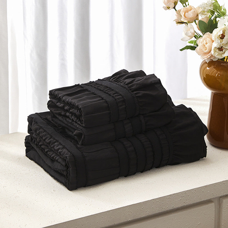 Black Elegant Ruffle Seersucker Duvet Cover with 2PCS Pillow Shams - 3-Piece Vertical Stripe Clipped Floral Textured Bedding (Queen Size 229 x 229 CM)
