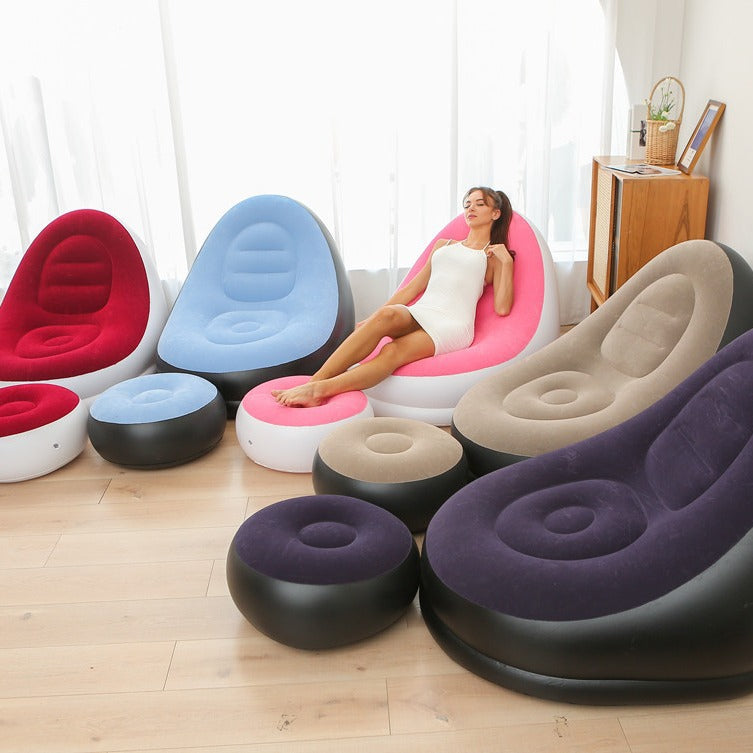 Khaki Inflatable Flocked Lounge Chair & Ottoman Set with Foot Pump - Portable Ergonomic S-shaped Air Lounger for Indoor & Outdoor