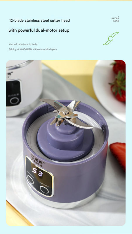 Purple 7.4V Portable Blender Smoothie Maker 450ml Wireless Rechargeable Juicer Cup with 12-Blade Stainless Steel Cutter, LED Digital Display, USB Charging Personal Blender for Travel Gym Office Home