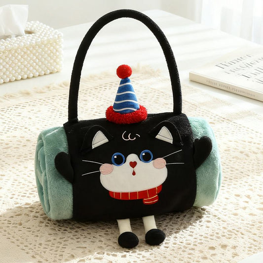 Black Cat 80*100cm Cartoon Hand-Carry Roll-Up Blanket - Plush Flannel Nap Blanket with Pillow Function, Portable Office & Travel Throw for Home, Car, and Sofa Use - Soft, Machine Washable, Multi-Scene Use