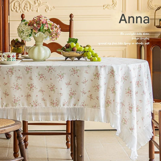 cream-colored 135*220 Dimensions include lace French Vintage Tablecloth - Pearl Yarn Polyester with Pleated Ruffle Edge - Floral Print Table Cover for Dining, Coffee Table, Bedside, Home Decor, Party, Gift Ready