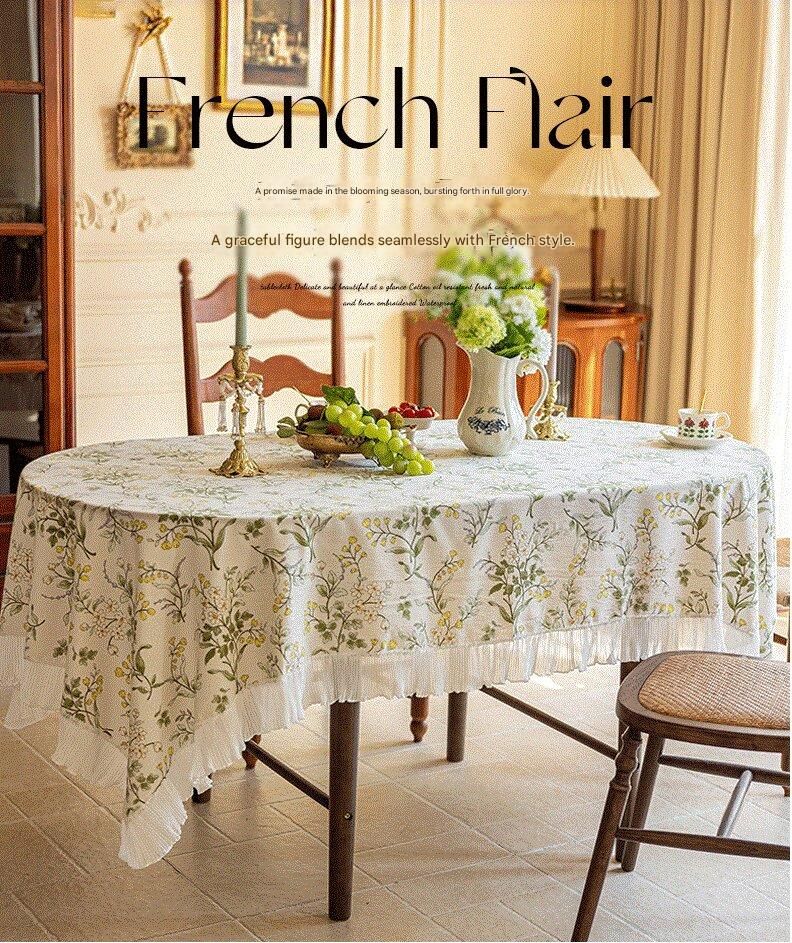 Grey 135*200 Dimensions include lace French Vintage Tablecloth - Pearl Yarn Polyester with Pleated Ruffle Edge - Floral Print Table Cover for Dining, Coffee Table, Bedside, Home Decor, Party, Gift Ready