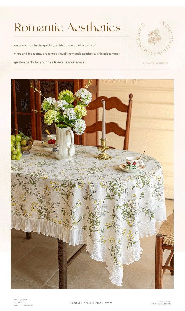 Grey 135*200 Dimensions include lace French Vintage Tablecloth - Pearl Yarn Polyester with Pleated Ruffle Edge - Floral Print Table Cover for Dining, Coffee Table, Bedside, Home Decor, Party, Gift Ready
