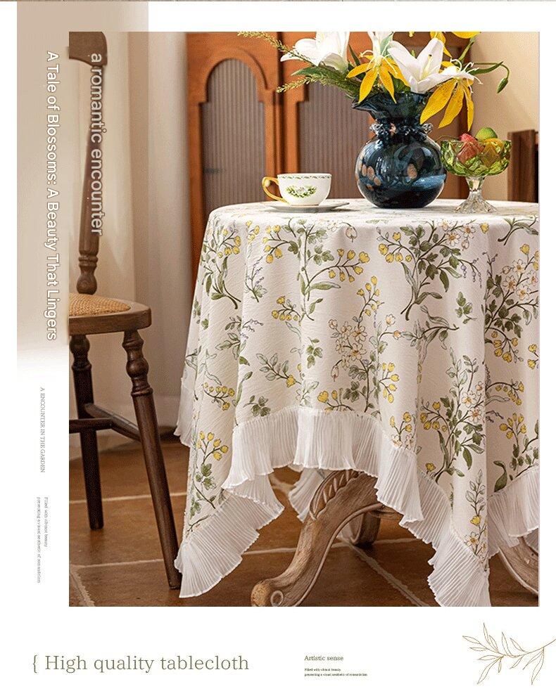Grey 135*200 Dimensions include lace French Vintage Tablecloth - Pearl Yarn Polyester with Pleated Ruffle Edge - Floral Print Table Cover for Dining, Coffee Table, Bedside, Home Decor, Party, Gift Ready