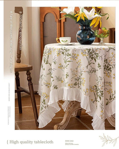 Grey 135*200 Dimensions include lace French Vintage Tablecloth - Pearl Yarn Polyester with Pleated Ruffle Edge - Floral Print Table Cover for Dining, Coffee Table, Bedside, Home Decor, Party, Gift Ready