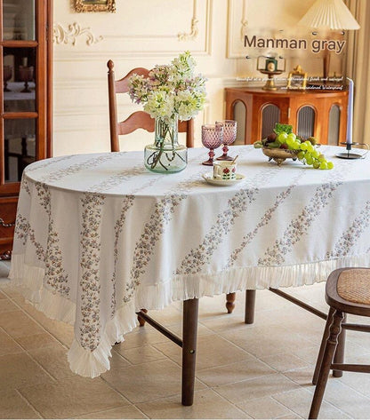 Grey 135*200 Dimensions include lace French Vintage Tablecloth - Pearl Yarn Polyester with Pleated Ruffle Edge - Floral Print Table Cover for Dining, Coffee Table, Bedside, Home Decor, Party, Gift Ready