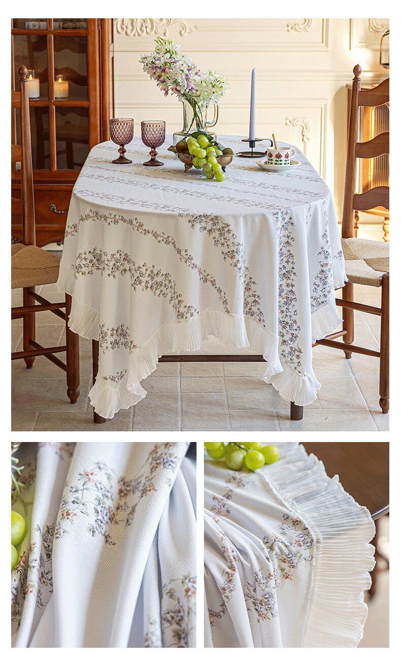 Grey 135*200 Dimensions include lace French Vintage Tablecloth - Pearl Yarn Polyester with Pleated Ruffle Edge - Floral Print Table Cover for Dining, Coffee Table, Bedside, Home Decor, Party, Gift Ready