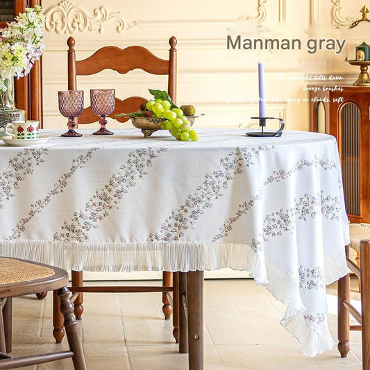 Grey 135*220 Dimensions include lace French Vintage Tablecloth - Pearl Yarn Polyester with Pleated Ruffle Edge - Floral Print Table Cover for Dining, Coffee Table, Bedside, Home Decor, Party, Gift Ready